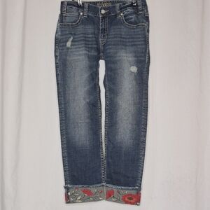 Rock & Roll Cowgirl Mid-Rise Straight Leg Embroidered Cuff Blue Jeans - Size 31